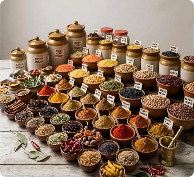 Premium Indian spices, herbs, seasonings, and pulses displayed for global export and wholesale supply